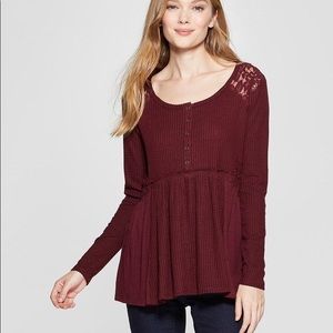 knox rose henley peplum long sleeve in maroon